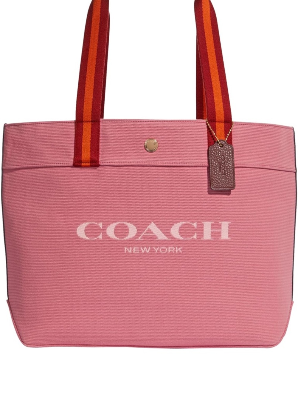 Coach Pink Canvas Tote with Red-Orange Striped Handles